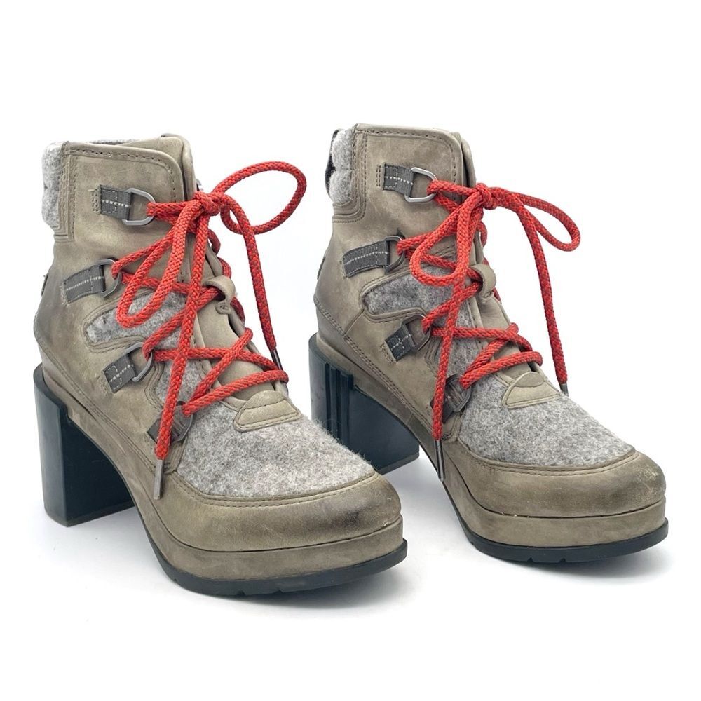 Sorel Blake Heel Leather Lace-Up Booties Stacked Heel Gray Taupe Women’s Size 8 - Picture 3 of 14
